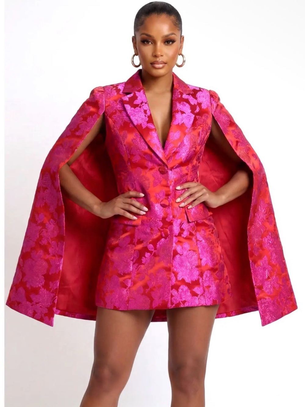 Women’s Pink-Red Floral Cape Blazer Dress